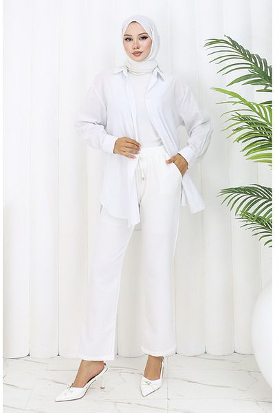 sefamerve Elastic Waist Pocket Trousers 0118-03 White