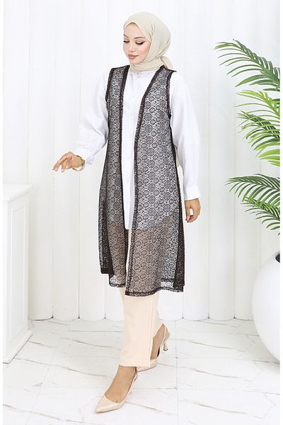 sefamerve Lace Soft Long Vest Mother Vest Plus Size Vest 8760-04 Milky Coffee