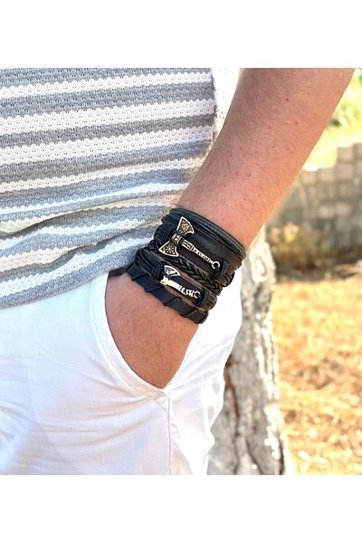 BSN Store Valknut Ax and Ax Design 5-Piece Genuine Leather Men's Bracelet
