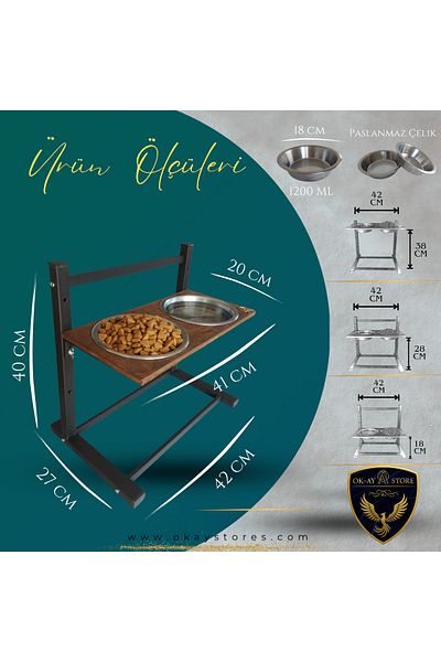 Okay Aybi̇sev Series 3-Level Height Adjustable Food and Water Stand for Cats and Medium-Large Breed Dogs
