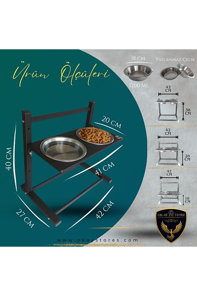Okay Aybi̇sev Series 3-Level Height Adjustable Food and Water Stand for Cats and Medium-Large Breed Dogs