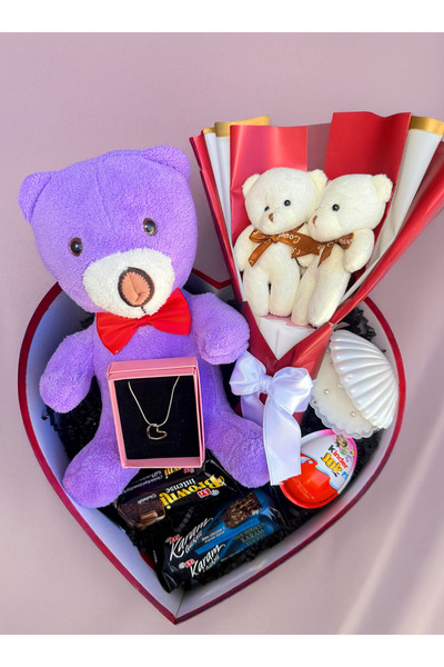 Linalux Gifts Kalp Kutuda 25cm Mor Ayıcık Kalp Kolye Ayıcık Buketi Çikolatala...