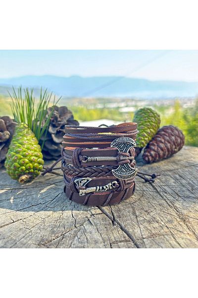 BSN Store Double Axe and Ax Design 5-Piece Genuine Leather Men's Bracelet