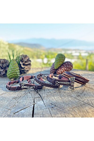 BSN Store Valknut Ax and Ax Design 5-Piece Genuine Leather Men's Bracelet