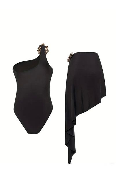 Lilly Layali Noir Black Swimsuit + Skirt Pareo Set