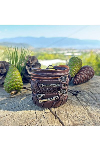 BSN Store Valknut Ax and Ax Design 5-Piece Genuine Leather Men's Bracelet
