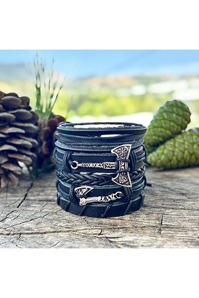 BSN Store Valknut Ax and Ax Design 5-Piece Genuine Leather Men's Bracelet