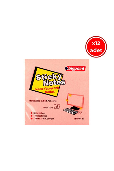 Bigpoint Lepilni papir za beleške, 12 komada, 75x75mm, neon roze, 100 listova