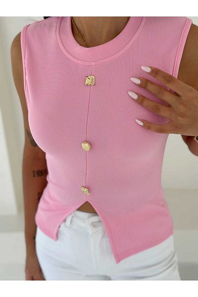 ELBEY Crew Neck Blouse with Front Accessory Detail