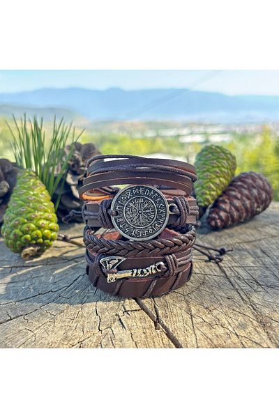 BSN Store Vegvi̇si̇r and Ax Design 5-Piece Khaki Leather Men's Bracelet