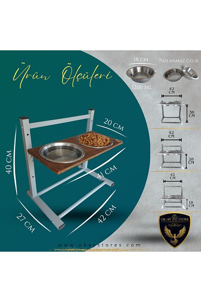 Okay Aybi̇sev Series 3-Level Height Adjustable Food and Water Stand for Cats and Medium-Large Breed Dogs