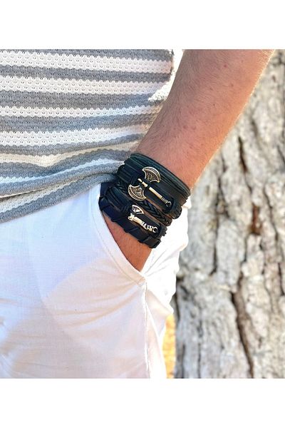 BSN Store Double Axe and Ax Design 5-Piece Genuine Leather Men's Bracelet