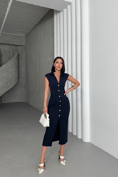 MOZENA Polo Neck Button Detailed Sleeveless Front Slit Long Dress