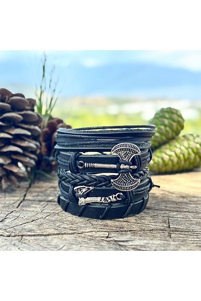 BSN Store Double Axe and Ax Design 5-Piece Genuine Leather Men's Bracelet