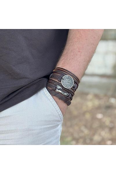 BSN Store Vegvi̇si̇r and Ax Design 5-Piece Khaki Leather Men's Bracelet