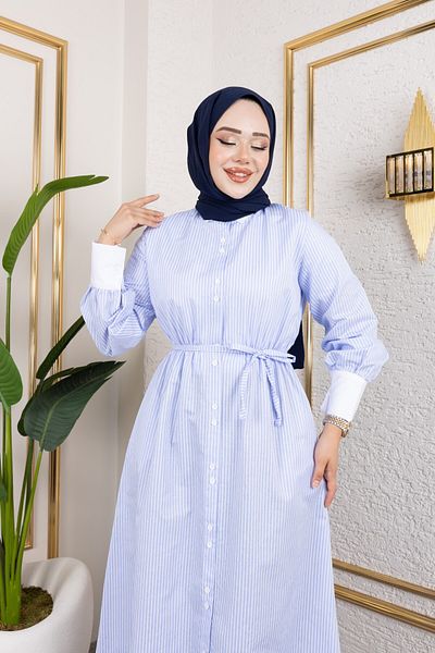 Eliva Women's Baby Blue Long White Striped Girdle Belted Evening Dress Hijab Dress