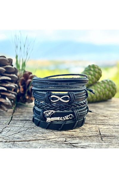 BSN Store Eternity and Ax Design 5-Piece Khaki Leather Men's Bracelet