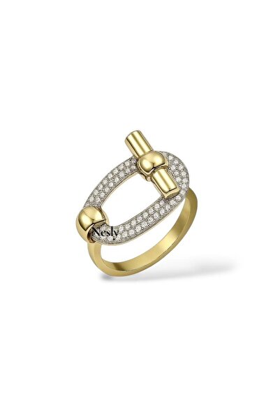 neslyaccessories 14K Gold Çift Renk Zirkon Taşlı Tasarım Yüzük