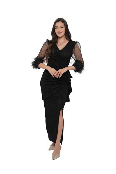 Nice Model Black Sequin Feather Sleeve Evening Dress - Elegant V-Neck Formal Gown for Special Events