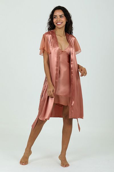 Bondy Flounced Classic Dowry Romantic Mini Satin Nightgown Dressing Gown Set Premium Copper