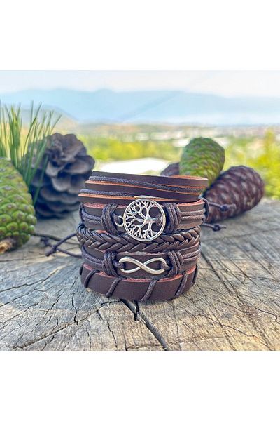 BSN Store Eternity and Tree of Life Design 5-Piece Genuine Leather Men's Bracelet