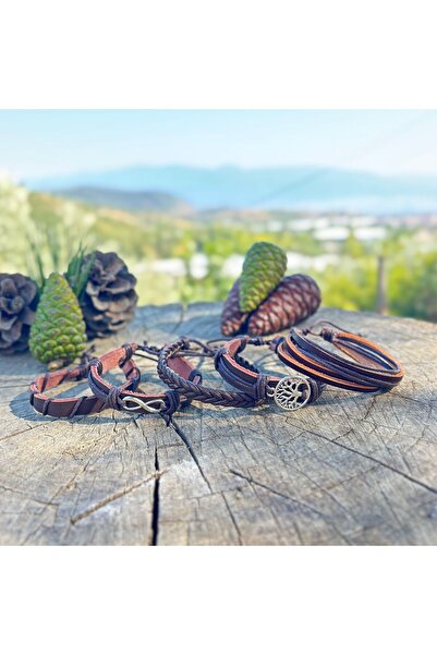 BSN Store Eternity and Tree of Life Design 5-Piece Genuine Leather Men's Bracelet