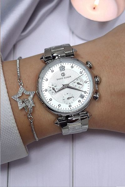 DAVID GUNER All Functions Active, Calendar, Stone Steel Bracelet Metallic Women's Wristwatch Bracelet Gift