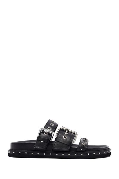 Derimod Women's Black Buckle Leather Slippers 25Sfd270018
