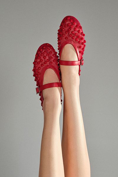 Derimod Women's Red Buckle Stone Mesh Ballerinas 25Sfd444314