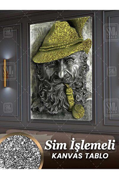SML TABLO Sim İşlemeli Pipo İçen Sakallı Yaşlı Adam Gold Altın Pırıltılı Meta...
