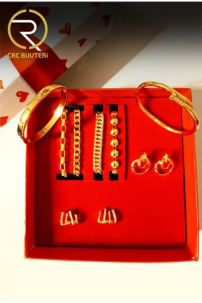 Crc Bijuteri Colorfast Special Gold Plated Gift Set of 8 |   Bracelet Bracelet Earring Combination |   Women's Jewelry Set |