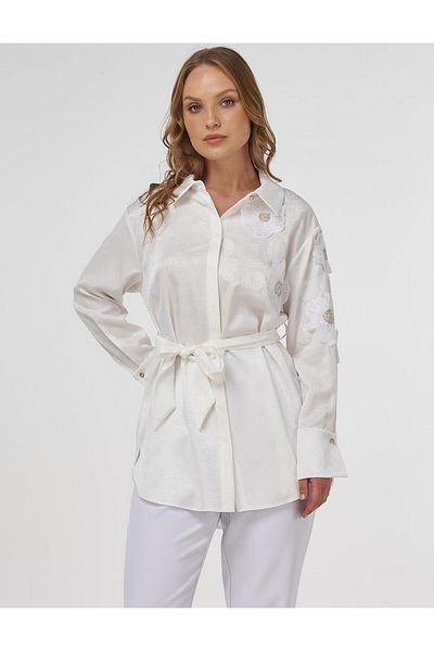 Kayra Flower Appliqued Satin Tunic Ecru