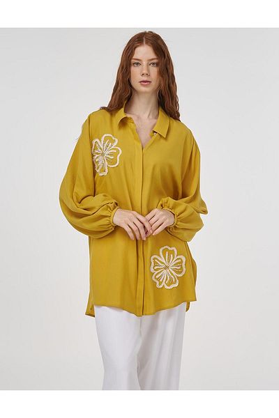 Kayra Embroidered Viscose Linen Tunic Mustard