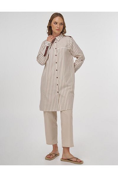 Kayra Line Pattern Cotton Tunic Brown