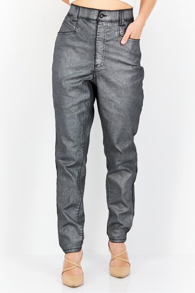 INC Denim Women Petite Metallic Stretchable Trouser Pants, Silver