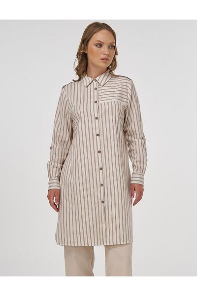 Kayra Line Pattern Cotton Tunic Brown