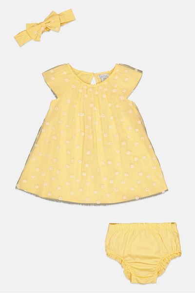 Quiltex Toddlers Girl 3 Pcs Embroidered Dress, Panty and Headband Set, Yellow