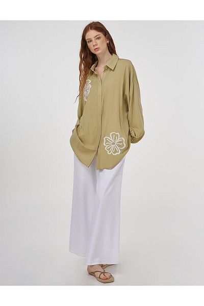 Kayra Embroidered Viscose Linen Tunic Light Green