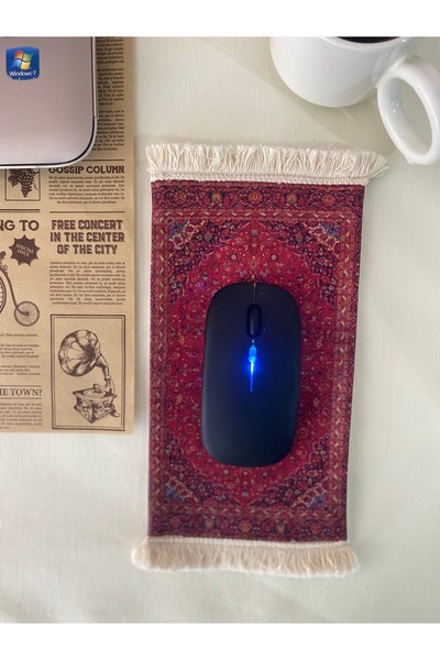 DUTTDİKİM EKRU ZEMİNLİ Halı Desenli Püsküllü Kumaş Mouse Pad