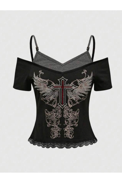 Pop Giyim Cross Wings Gothic Ek Askılı Bluz