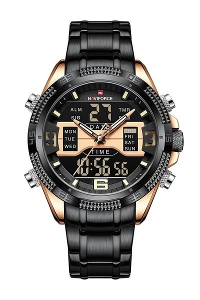 Naviforce Sport Analog-Digital Wrist Watch for Men with Stainless Steel Strap Water Resistant Chronograph
