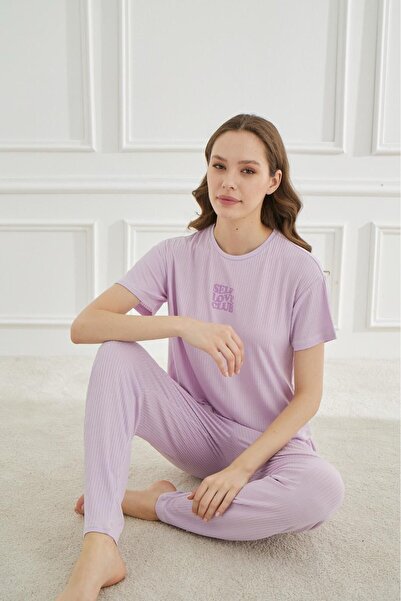 Mihra R1830 LİLA LASTİK DETAY KISA KOLLU KADIN PİJAMA TAKIMI