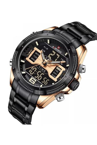 Naviforce Sport Analog-Digital Wrist Watch for Men with Stainless Steel Strap Water Resistant Chronograph