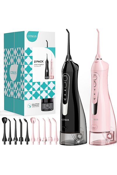 COSLUS Water Dental Flosser Teeth Pick: 2 Pack 300ml Portable Cordless Oral Irrigator, Rechargeable