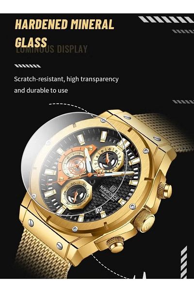 Naviforce Men's Chronograph Watch Black Dial Gold Mesh Strap Water Resistant