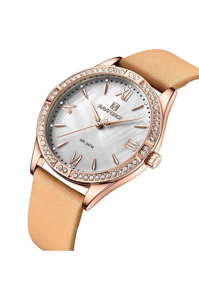 Naviforce Elegant Rose Gold Women's Watch –analog, Crystal Bezel, Brown Leather Strap