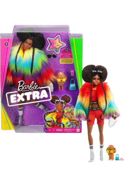 mattel Κούκλα Barbie Extra, παλτό ουράνιου τόξου, με κανίς