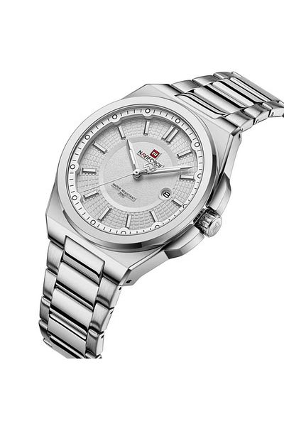 Naviforce Men’s Luxury Silver Stainless Steel Watch – 43mm White Dial, Date Display, Quartz Movement