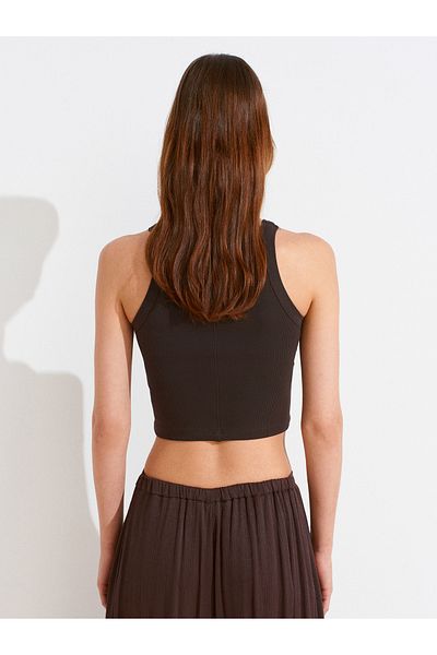 Dilvin 21104 Ribbed Crop Top-Dark Brown