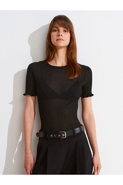 Dilvin 10783 Crew Neck Ruffled Slim Knitwear Blouse-Black